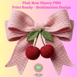 Noeud et Cerises PNG, Cerise Coquette Sublimation, Clipart Nœud Rétro Faux Crochet, Téléchargement Numérique Texture Premium, DTG Dtf 300DPI