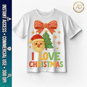 Fausse Broderie Noël PNG, Sublimation Père Noël Vintage, Design Coquette Nœud, Transfert DTF, Fichier Digital T-Shirt, Chenille Patch Art