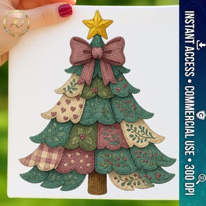 PNG Sapin de Noël vintage  coquette en faux patchwork. Sublimation festive féminine. Haute résolution 300DPI, téléchargement instantané, DTF