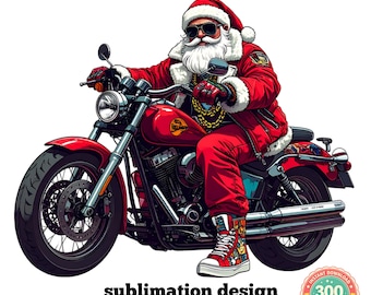 Papá Noel en motocicleta PNG, diseño de sublimación de motocicleta, imagen navideña genial, descarga digital, ilustración humorística, para taza o camiseta, HD