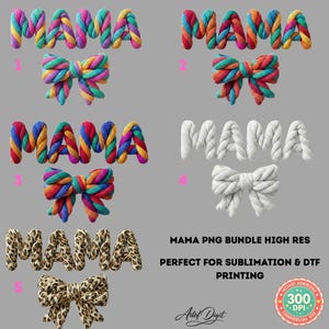 Pacote MAMA PNG 3D Trançado, 5 Designs de Lã com Nó, Versão Leopardo e Colorida, Arquivo para Sublimação, Alta Resolução 300 DPI, Transferência DTF