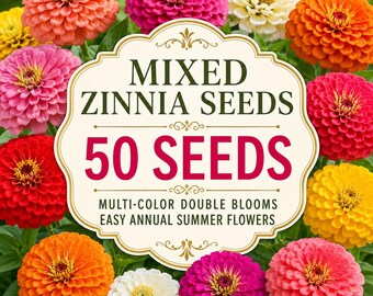 50 Mixed Zinnia Seeds, Multi-Color Double Bloom Zinnia Flowers, Easy Annual Summer Flowers for Garden Beds, Borders & Cut Flower Gardens