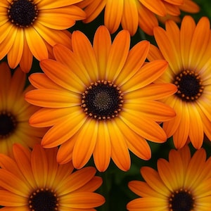 Könnte beinhalten: Nahaufnahme mehrerer orangefarbener und gelber Kapmargeriten. Die Blütenblätter sind leuchtend orange, verblassen zur Mitte hin zu Gelb, mit dunkelbraunen Zentren. Die Blumen stehen in voller Blüte und zeigen ihre komplizierten Details.