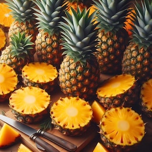 Peut inclure: Plusieurs ananas frais, entiers et coupés, révélant leur chair jaune vif. L'image comprend un couteau et des morceaux d'ananas coupés, soulignant la texture et la couleur du fruit. Les ananas ont des feuilles vertes et épineuses.