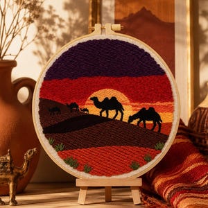 Punch Needle Kit for Beginners Desert Sunset with Camels, DIY Fiber Art Craft for Adults