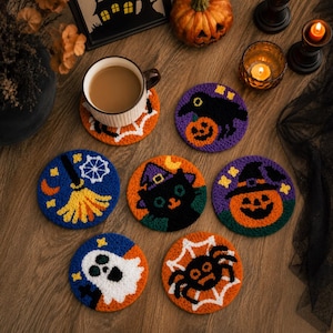 Halloween punchnaaldonderzetterset voor beginners, doe-het-zelf kraaienmok tapijt craft set met voorgedrukt ontwerp