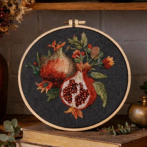 Kit de punto de satén para principiantes con diseño de granada, bordado botánico, arte en bastidor, manualidades DIY, regalo