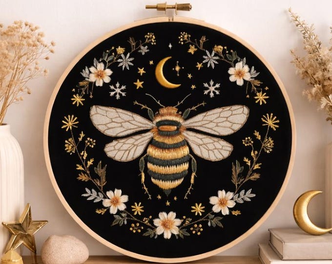 Celestial Bee Embroidery Kit with Floral Moon Design – Modern DIY Hoop Art Kit