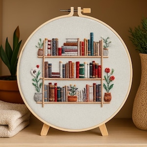 Stickpackung – Bücherregal mit Pflanzen | Moderne DIY Handarbeiten für Bücherliebende | Einsteigerfreundliches Hoop Art Kit