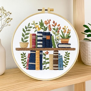 Bücherregal Anfänger Stickpackung, Plattstich Packung für Anfänger, DIY Handstickerei Muster Pflanzen und Bücher, Buchliebhaber Geschenk