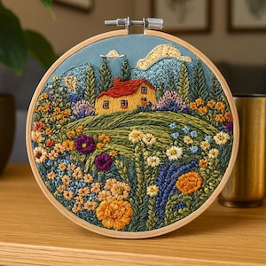 Countryside Cottage Embroidery Kit, Hand Embroidery Kit for Beginners, Floral Landscape Needlework DIY, Modern Embroidery Hoop Art