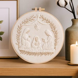 Kit di ricamo a scena di natività per principianti - Moderno ricamo a cerchio natalizio neutro, modello di ricamo a mano fai da te per decorazioni natalizie