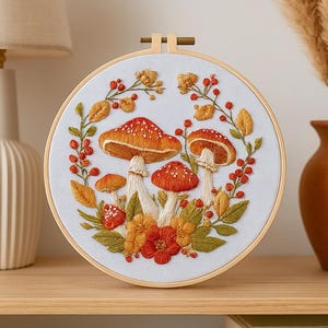 Mushroom Embroidery Kit for Beginners – Autumn Forest Embroidery Pattern For Beginners, DIY Hand Embroidery Set With Threads And Needle