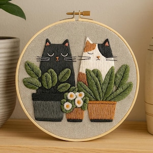 Embroidery Kit for Beginners with Cats and Plants – DIY Hand Embroidery Kit with Frame Option – Modern Cat and Botanical Needlework