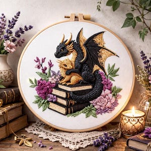 May include: Embroidered hoop art showing a black and gold dragon with a smaller golden dragon on stacked books, surrounded by purple and pink flowers. The artwork is set against a white background. The wooden hoop is approximately 25 cm in diameter.