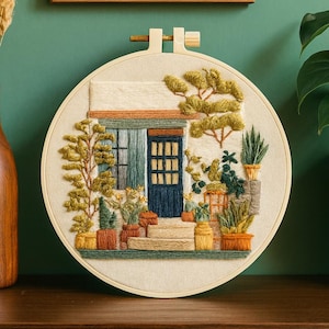 Cozy Doorway with Plants Embroidery Kit for Beginners – Botanical House Entrance, Textured DIY Hand Embroidery, Modern Hoop Art Gift