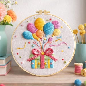 May include: A round embroidery hoop featuring a colorful design of balloons and a gift box. The balloons are in shades of pink, yellow, and blue, tied with a red bow. The gift box is green and blue. The embroidery is set against a neutral fabric.