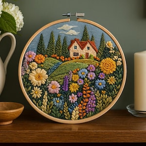 Cottage Embroidery Kit, Floral Landscape Pattern, DIY Needlework Set, Hand Embroidery Kit, Country House Design, Beginner Friendly