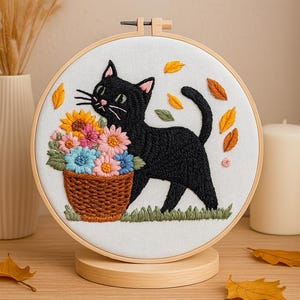 Black Cat Embroidery, Autumn Floral Hoop Art, Hand Embroidered Wall Decor, Cat and Flowers Framed Embroidery, Fall Home Decor Gift Idea