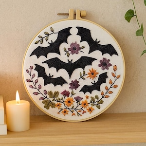 Halloween Embroidery Kit For Beginners – Bats And Autumn Flowers Pattern, Modern Hand Embroidery Kit, Spooky DIY Hoop Art
