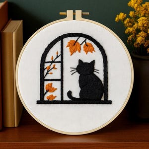 Black Cat by the Window Embroidery Kit for Beginners with Autumn Leaves – DIY Needlepoint Craft Kit with Hoop, Threads, and Instructions