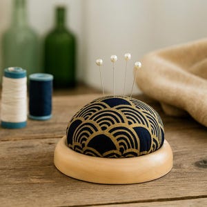 Elegant Japanese Style Pincushion – Handmade Sewing Accessory with Gold Wave Pattern, 6.5 cm / 2.6 in