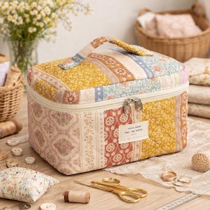 Pode incluir: Uma bolsa de cosméticos retangular acolchoada com uma alça, apresentando um design de patchwork em tons de amarelo, rosa e azul. A bolsa tem um fecho de zíper e uma pequena etiqueta que diz "today: mood feel the warm".