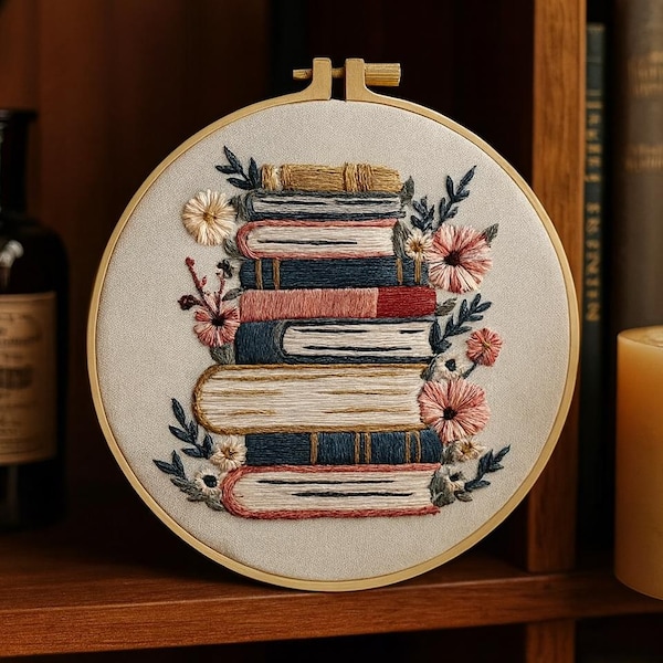Kit de bordado DIY para principiantes con pila de libros y flores: kit de inicio de bordado a mano moderno, regalo para amantes de la lectura y artesanos.