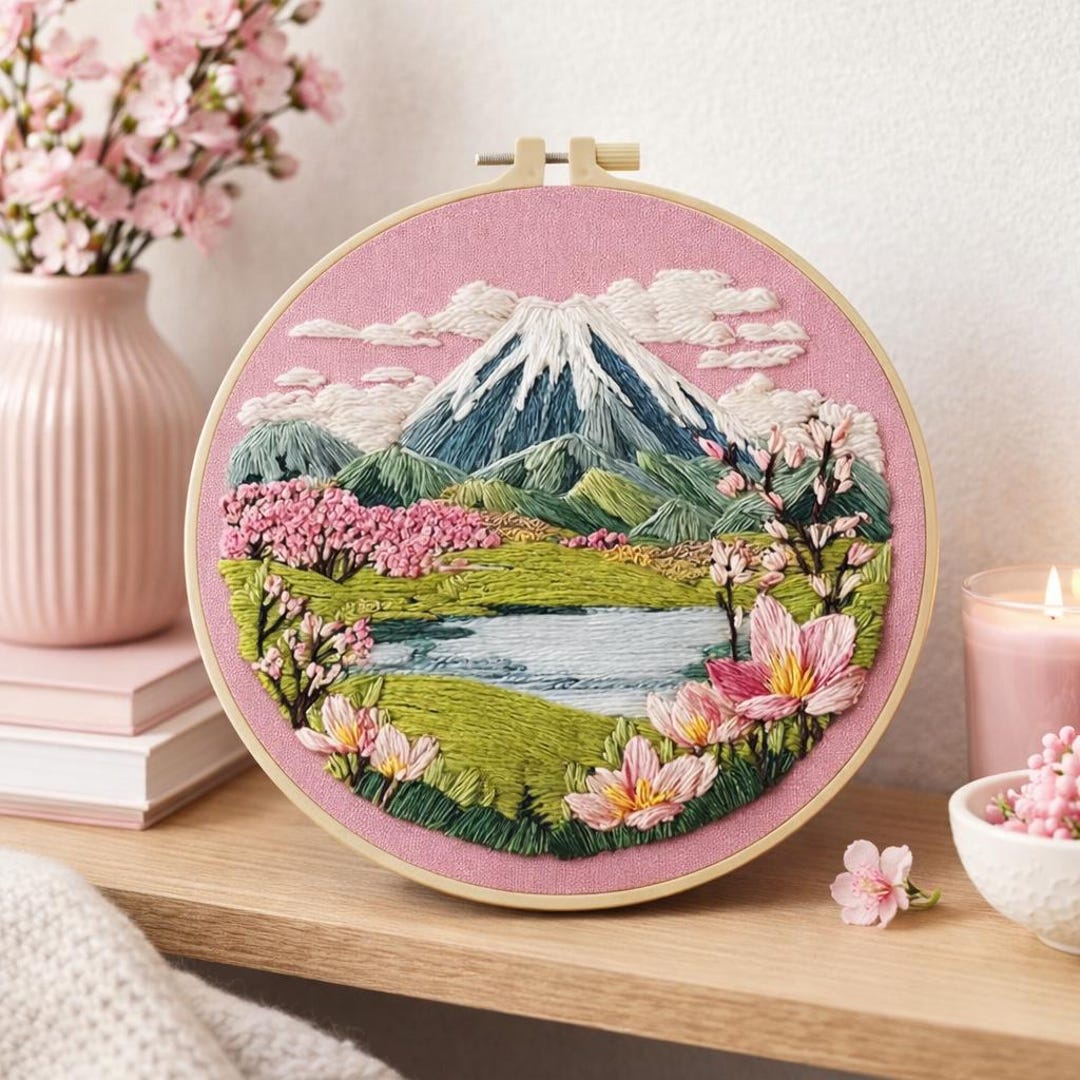 Embroidery Kit for Beginners Mount Fuji Landscape, Floral Nature Hand ...