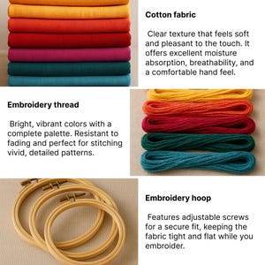May include: A collection of embroidery supplies, including stacks of colorful cotton fabric, embroidery thread in various hues, and wooden embroidery hoops. The image showcases the materials used for embroidery projects.