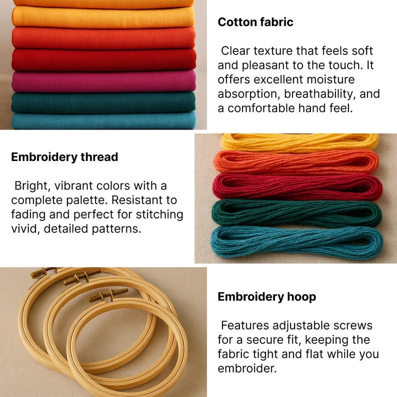 May include: A collection of embroidery supplies, including stacks of colorful cotton fabric, embroidery thread in various hues, and wooden embroidery hoops. The image showcases the materials used for embroidery projects.