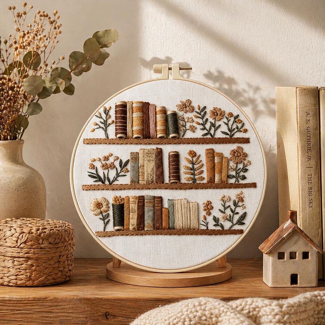 Embroidery Kit for Beginners Bookshelf Design, Floral Library DIY ...