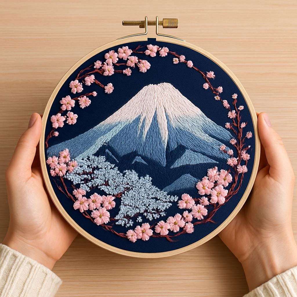 富士山刺繍キット - 初心者向け、桜と日本の風景を刺繍枠で描く手刺繍