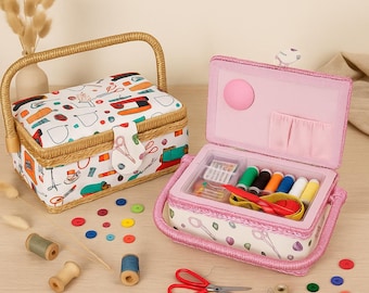 Sewing Basket with Handle – Project Bag - Fabric Covered Storage Box with Removable Tray – Multiple Designs – Embroidery & Craft Organizer