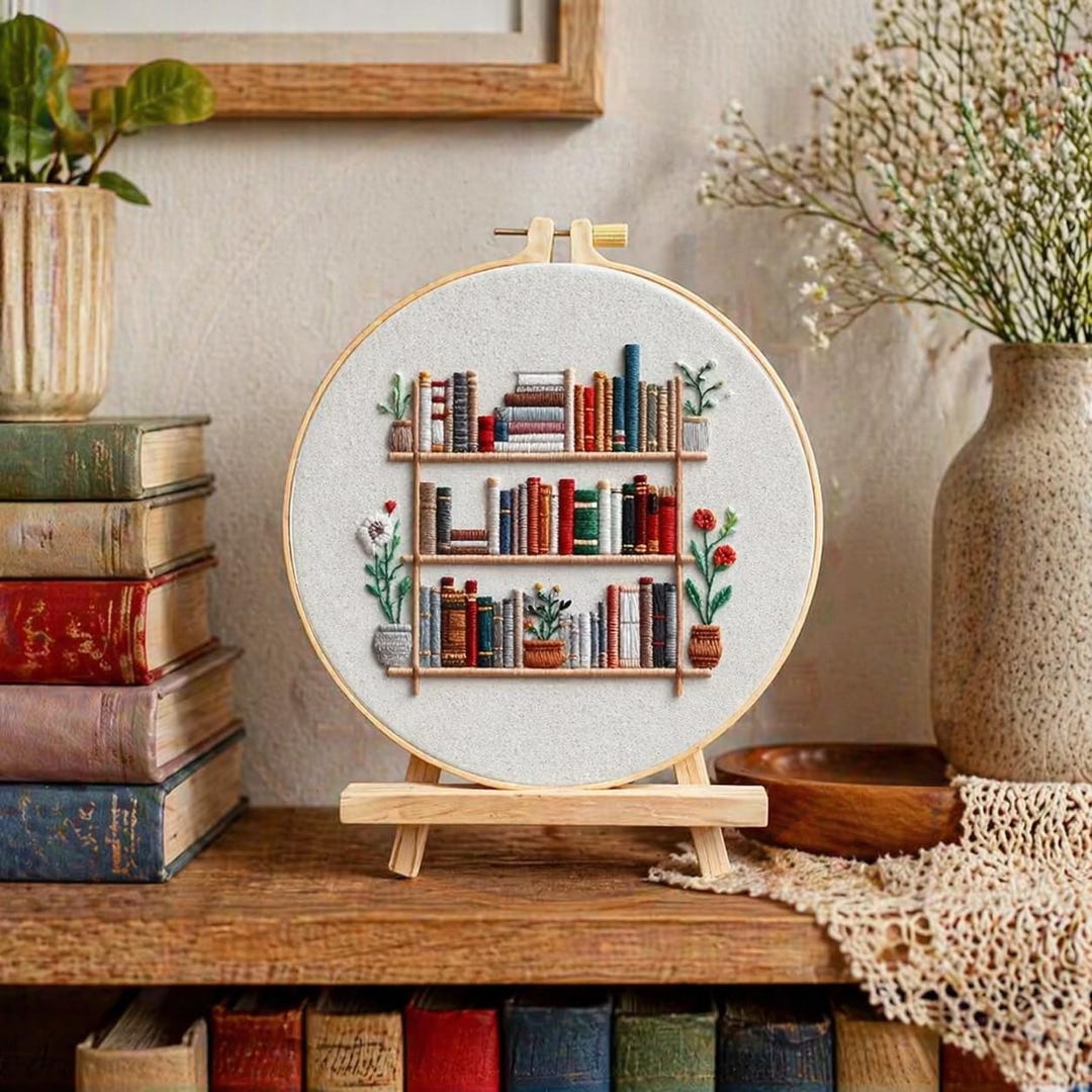 Embroidery Kit for Beginners Bookshelf Design, Modern DIY Needlework ...