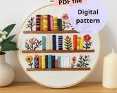 Bookshelf Embroidery for Beginners PDF Pattern, Floral Books Hand Embroidery Design, Digital Download Hoop Art, Modern Decor