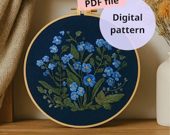 Patrón PDF de bordado floral "Nomeolvides" para principiantes: patrón digital de aro de flores azules para bordado a mano, descarga instantánea.