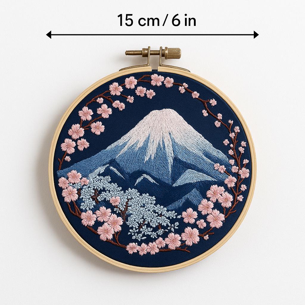 富士山刺繍キット - 初心者向け、桜と日本の風景を刺繍枠で描く手刺繍