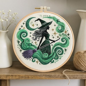 Witch Embroidery Kit for Beginners – Halloween Hand Embroidery with Hoop, Beginner Friendly DIY Needlework, Crescent Moon and Stars Design