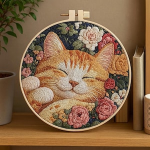 Embroidery Kit with Cat in Flowers – DIY Hand Embroidery for Beginners – Cute Tabby Cat Floral Needlework Pattern – Hoop Art Gift Idea