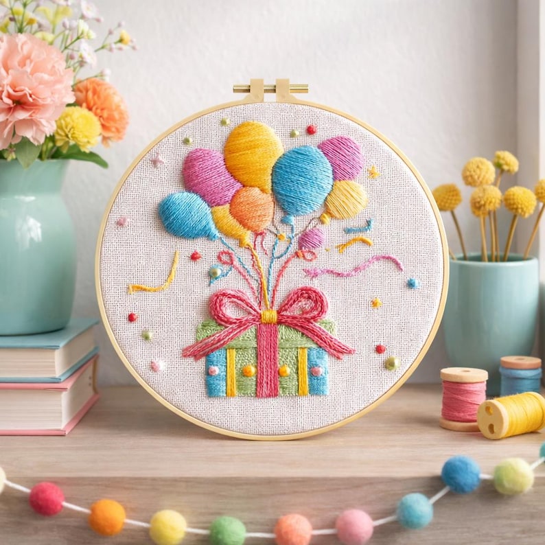 May include: A round embroidery hoop featuring a colorful design of balloons and a gift box. The balloons are in shades of pink, yellow, and blue, tied with a red bow. The gift box is green and blue. The embroidery is set against a neutral fabric.