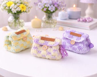Crochet Mini Project Bag, Pouch Keychain, Handmade Fluffy Coin Purse, Cute Small Gift Bag