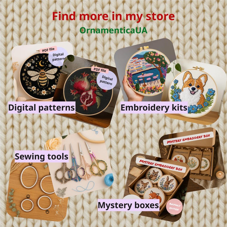 May include: A collage of craft items, including embroidery hoops, scissors, and embroidery kits. The image features digital patterns, sewing tools, and mystery boxes. Text on the image reads "Find more in my store OrnamenticaUA".
