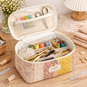 May include: Open sewing kit with a floral patterned exterior in shades of pink, yellow, and cream. The kit contains spools of thread, scissors, pins, and other sewing supplies. The interior is divided into compartments for organization.