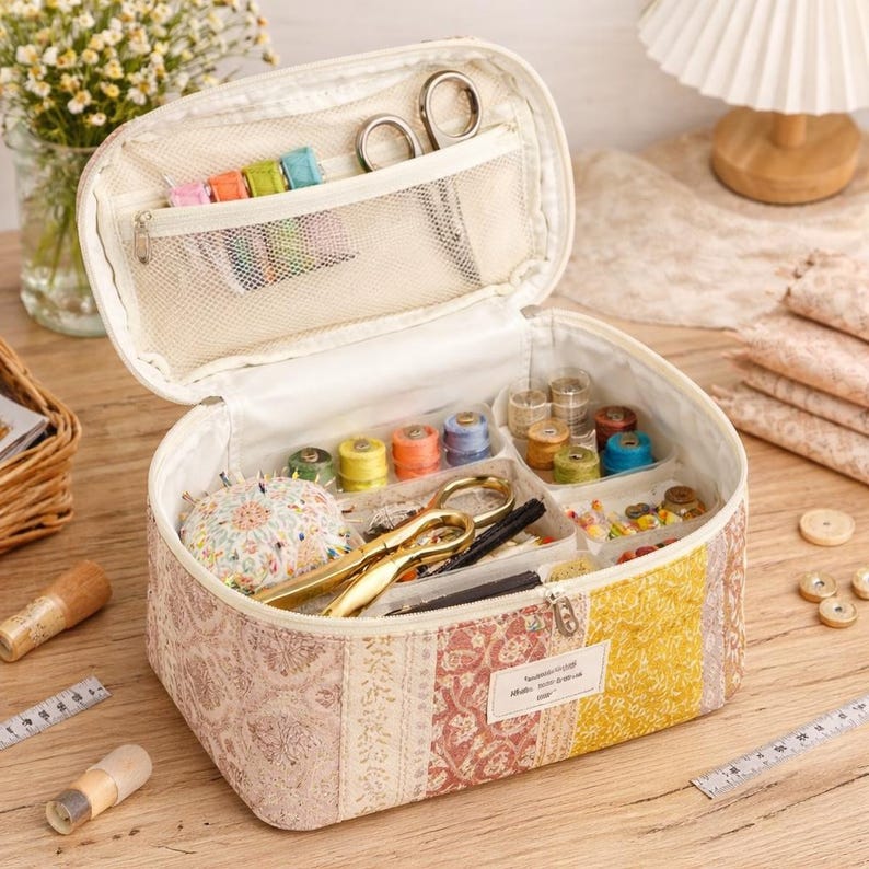 May include: Open sewing kit with a floral patterned exterior in shades of pink, yellow, and cream. The kit contains spools of thread, scissors, pins, and other sewing supplies. The interior is divided into compartments for organization.