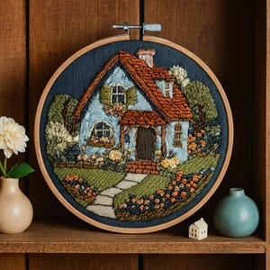 Cottage Embroidery Kit, Hand Embroidery Kit, House Needlepoint Kit, DIY Embroidery Kit, Beginner Stitch Kit, Cozy Home Embroidery