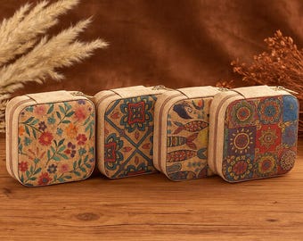 Compact Cork Sewing Kit Box with Colorful Patterns – Travel Sewing Organizer with Threads, Needles, Scissors – Portable Gift for Crafters