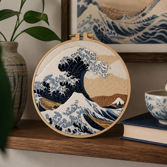 初心者向け「神奈川沖浪裏」刺繍キット、刺繍枠付き、日本の海をテーマ