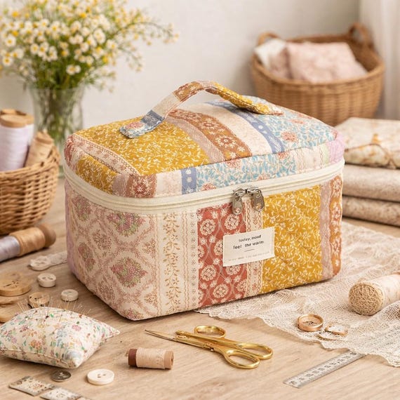 Patchwork Sewing Organizer Bag with Zipper, Project Bag, Quilted Craft Storage Case, Thread & Notions Tote, Travel Sewing Kit Bag
