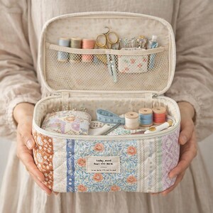 May include: A quilted sewing kit with a floral and patterned design, open to reveal spools of thread, scissors, pins, and a measuring tape. The kit has a mesh pocket and a label that reads "today, mood feel the warm."